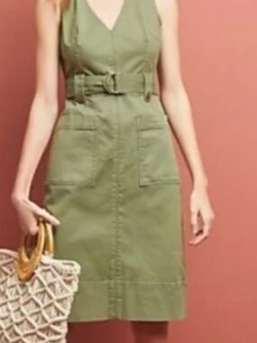 Anthropologie Olive Green Sleeveless Utility Midi Dress, No belt